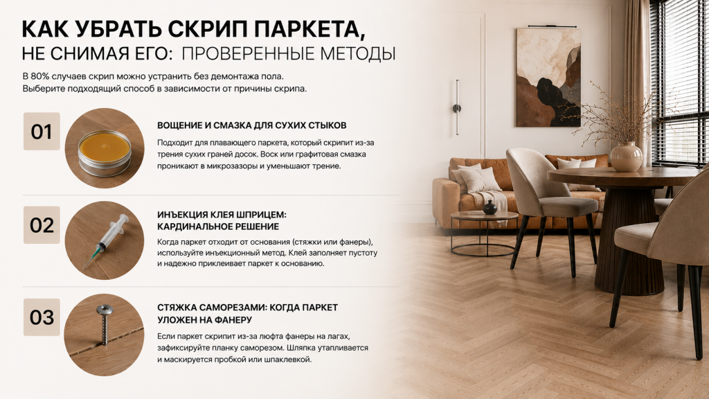 Как убрать скрип паркета, не снимая его: проверенные методы