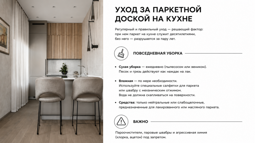 Уход за паркетной доской на кухне