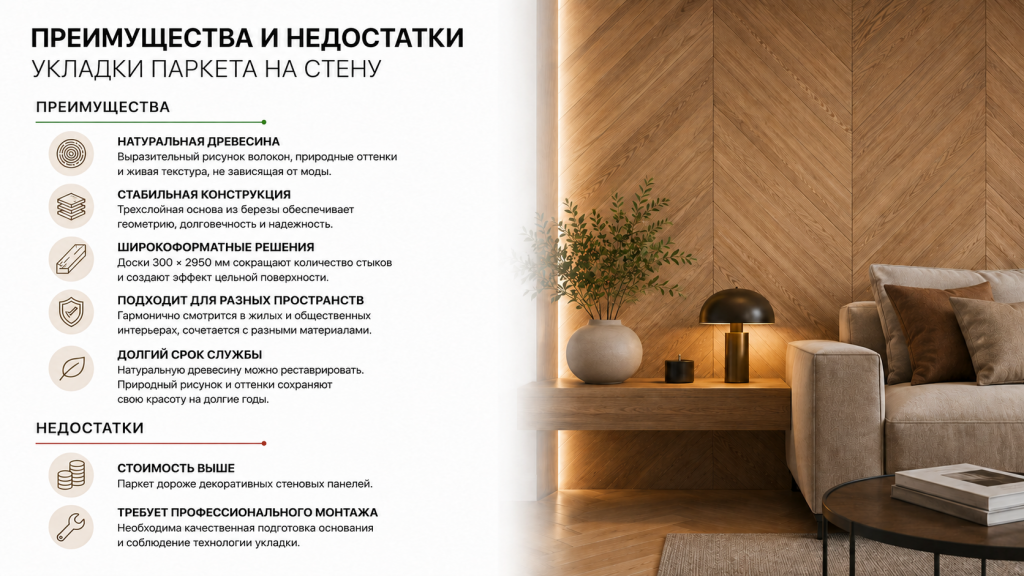 Преимущества и недостатки укладки паркета на стену