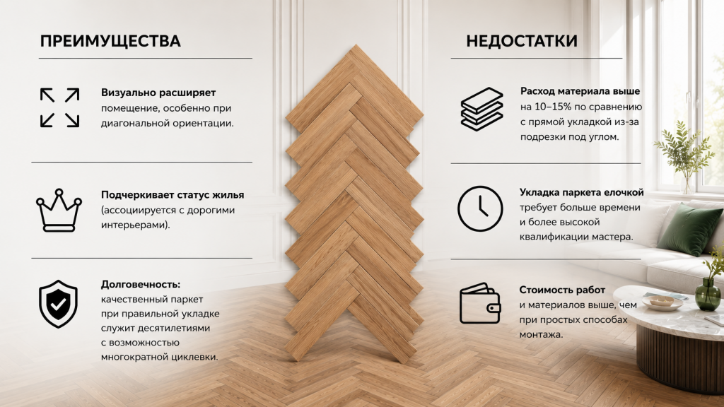 Преимущества и недостатки укладки паркета елочкой