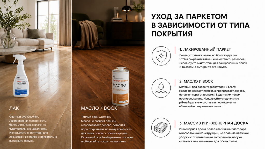 Уборка паркета в зависимости от типа покрытия